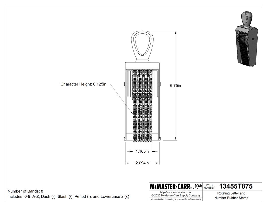Technical Drawing of Rotating Letter and Number Rubber Stamp, 1/8" Character Height, 8 Bands.